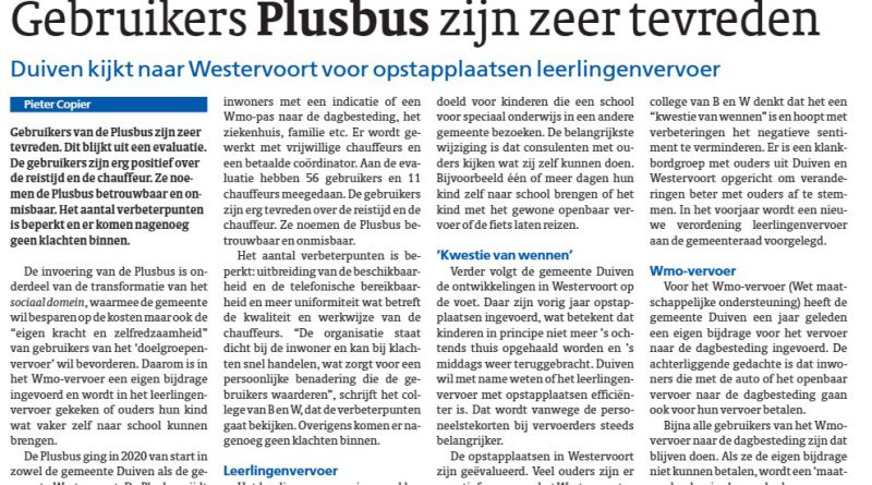 Duivens Nieuwsblad – Gebruikers Plusbus zeer tevreden
